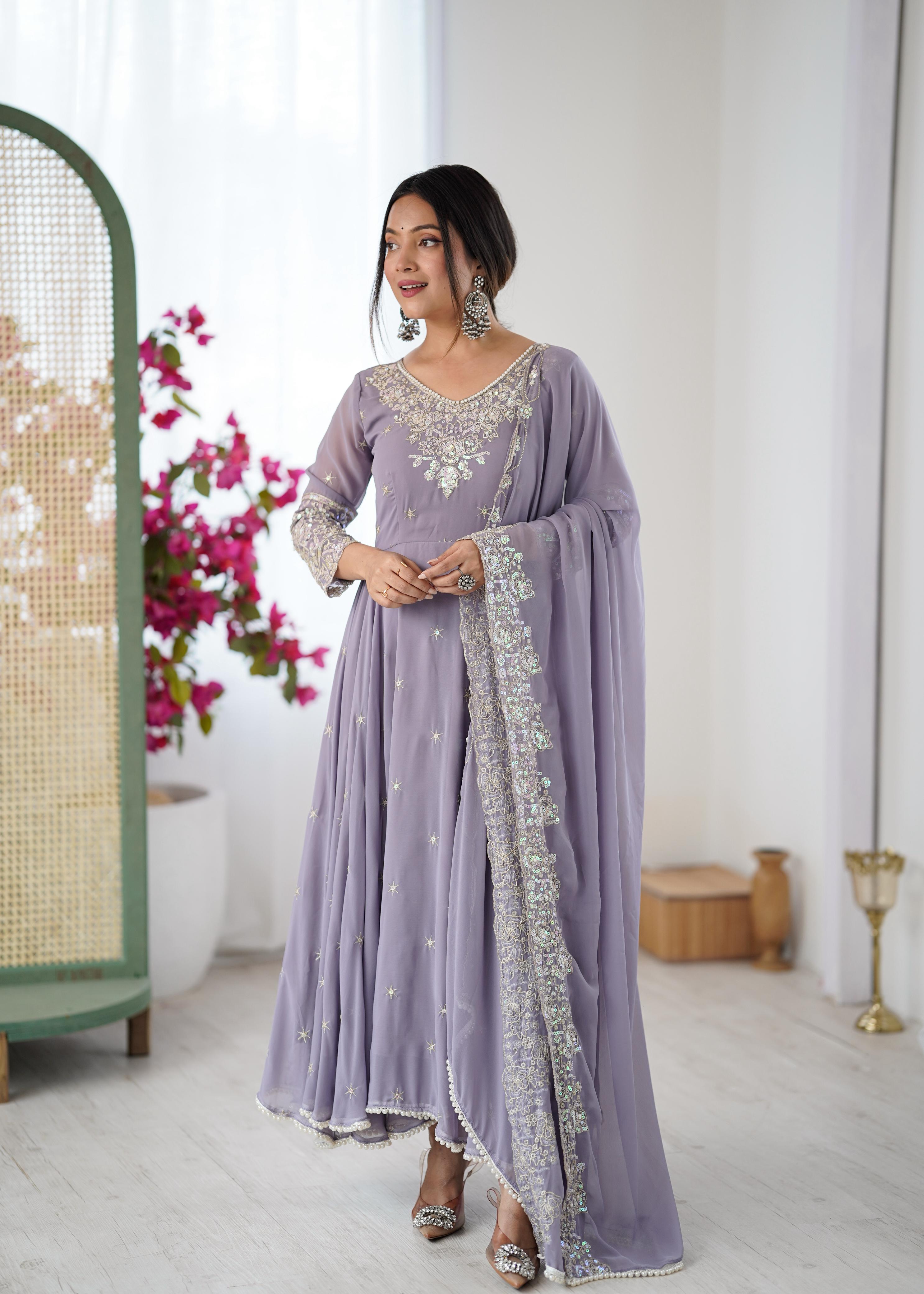 Lavender Grey Hand-Embellished Anarkali Suit Set with Dupatta