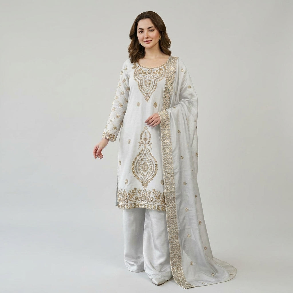 Luxury Embroidered Straight Kurta Palazzo Set with Dupatta for Women