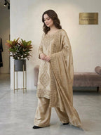 Luxury Embroidered Straight Kurta Palazzo Set with Dupatta for Women