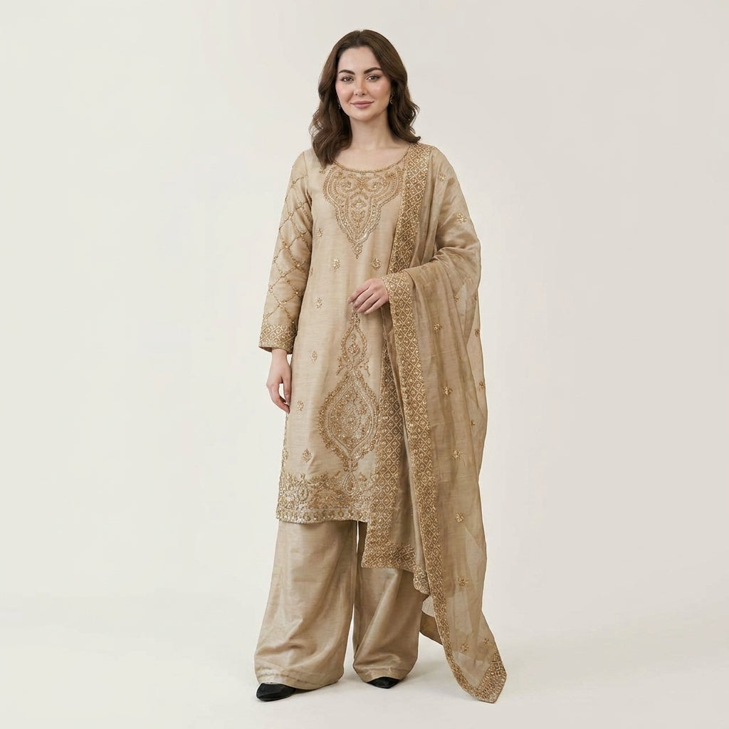 Luxury Embroidered Straight Kurta Palazzo Set with Dupatta for Women