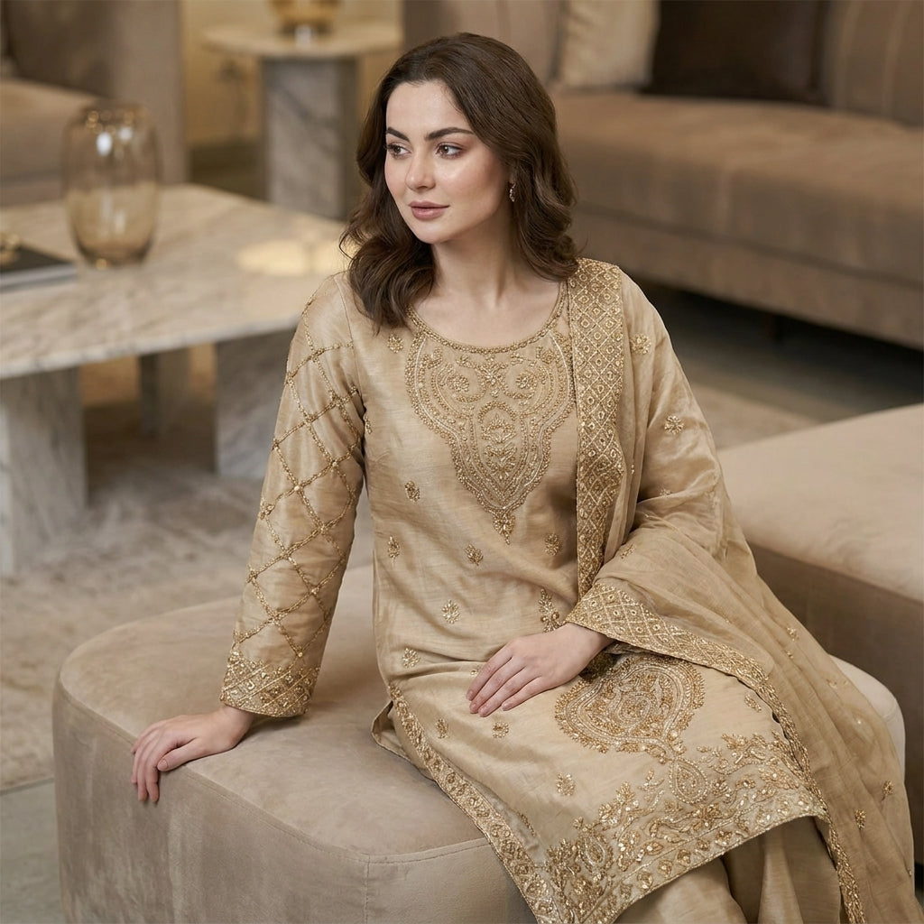 Luxury Embroidered Straight Kurta Palazzo Set with Dupatta for Women
