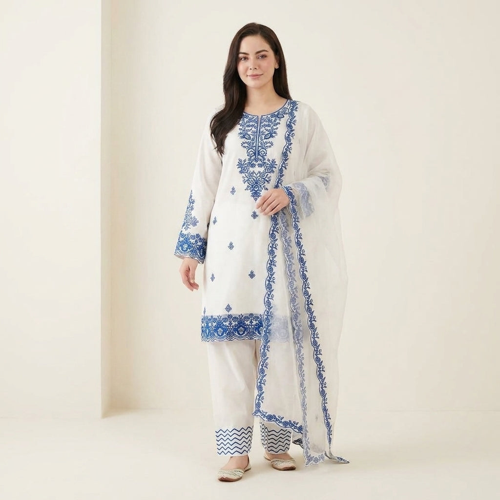 Elegant Embroidered Cotton Suit Set with Dupatta for Women
