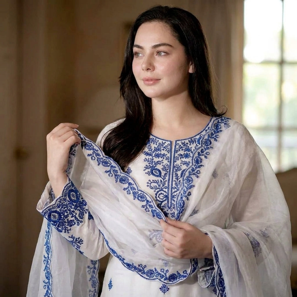 Elegant Embroidered Cotton Suit Set with Dupatta for Women