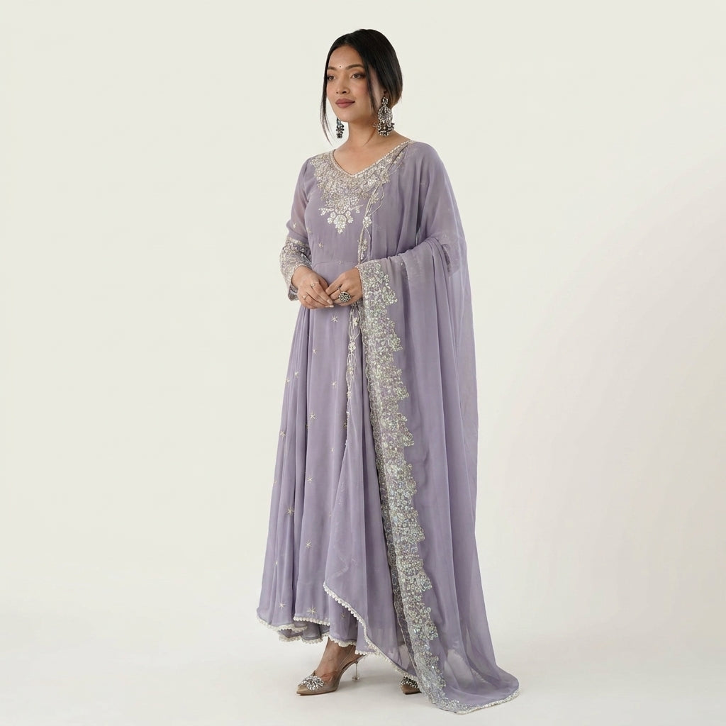 Lavender Grey Hand-Embellished Anarkali Suit Set with Dupatta