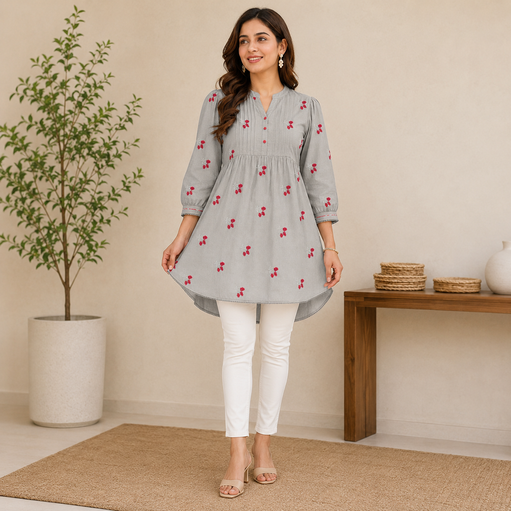 Elara Grey Embroidered Tunic