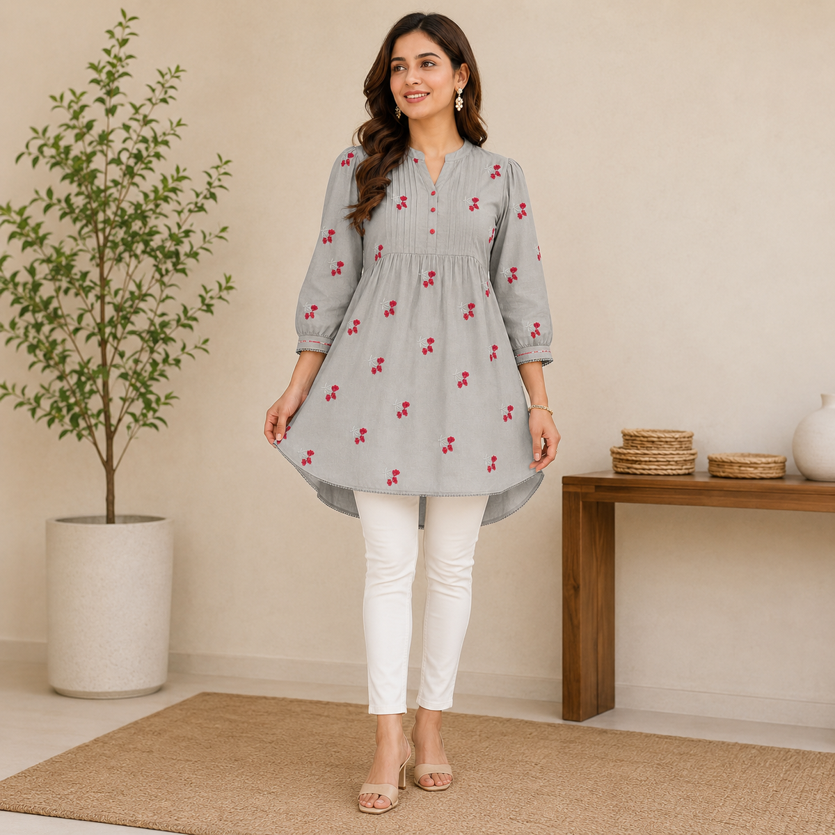 Elara Grey Embroidered Tunic