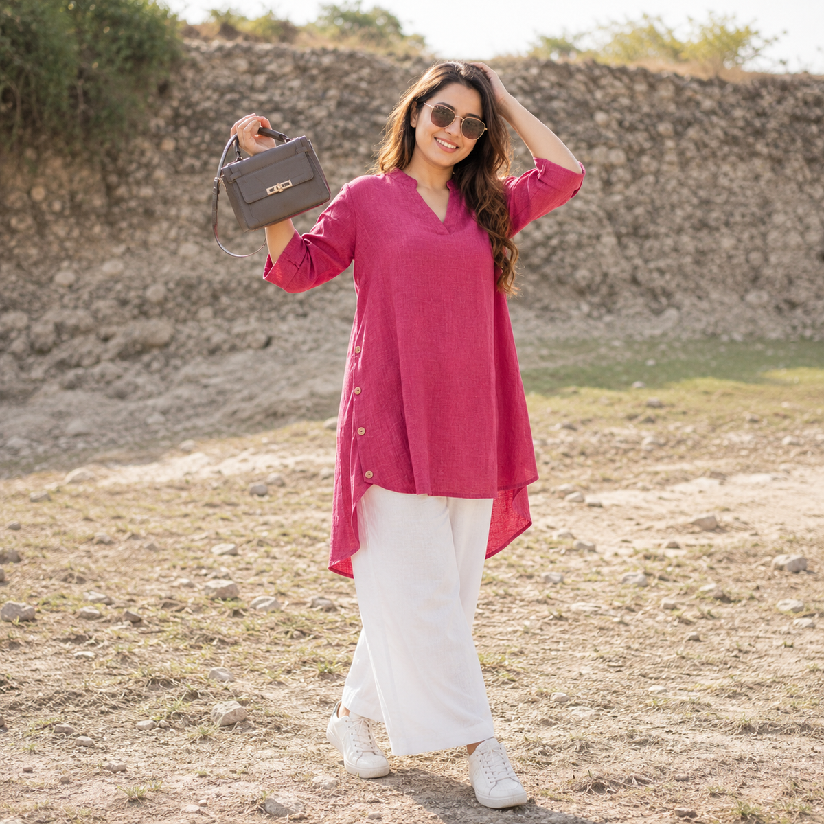 Raspberry Pink V-Neck High-Low Women’s Tunic