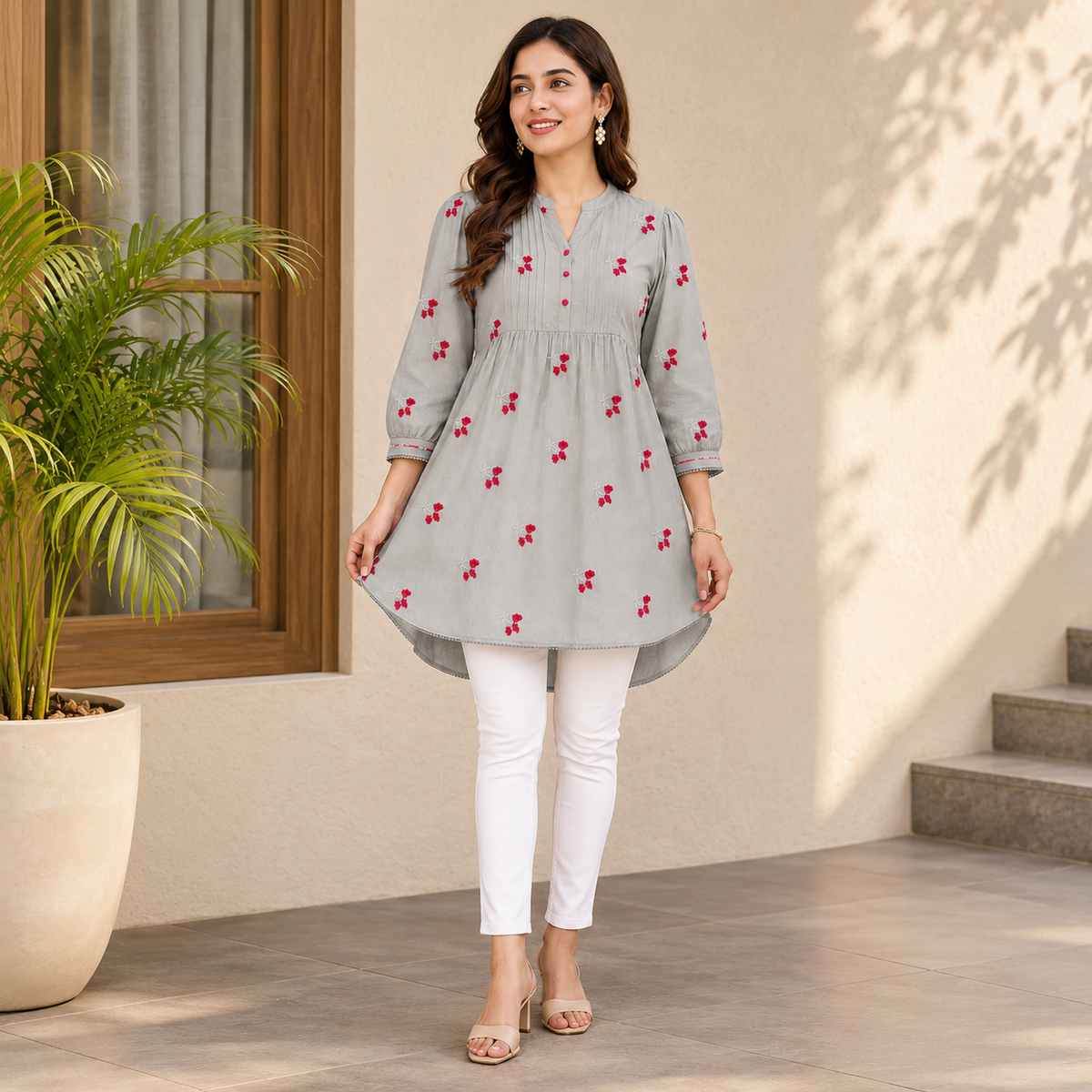 Elara Grey Embroidered Tunic