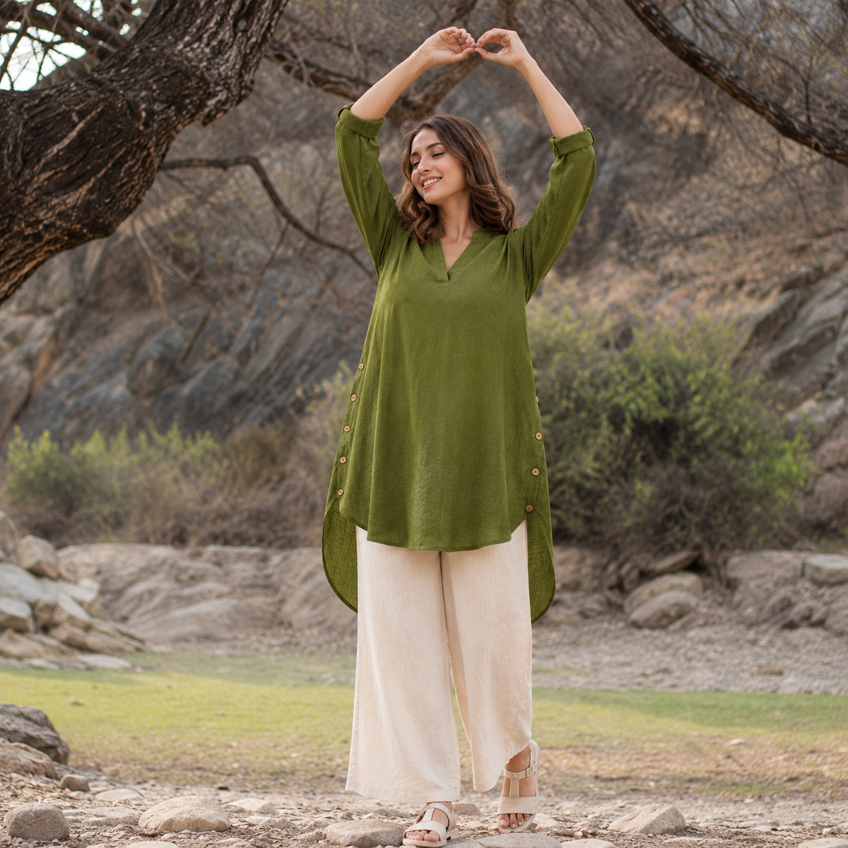 Olive Green V-Neck High-Low Women’s Tunic Top