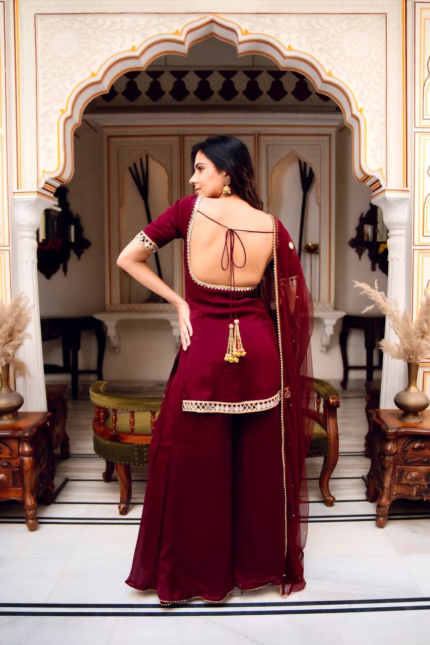 Maroon Faux Georgette Sharara Set with Mirror Work Dupatta