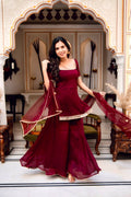 Maroon Faux Georgette Sharara Set with Mirror Work Dupatta