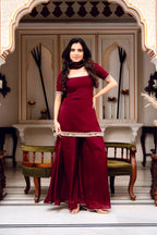 Maroon Faux Georgette Sharara Set with Mirror Work Dupatta