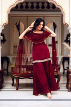Maroon Faux Georgette Sharara Set with Mirror Work Dupatta