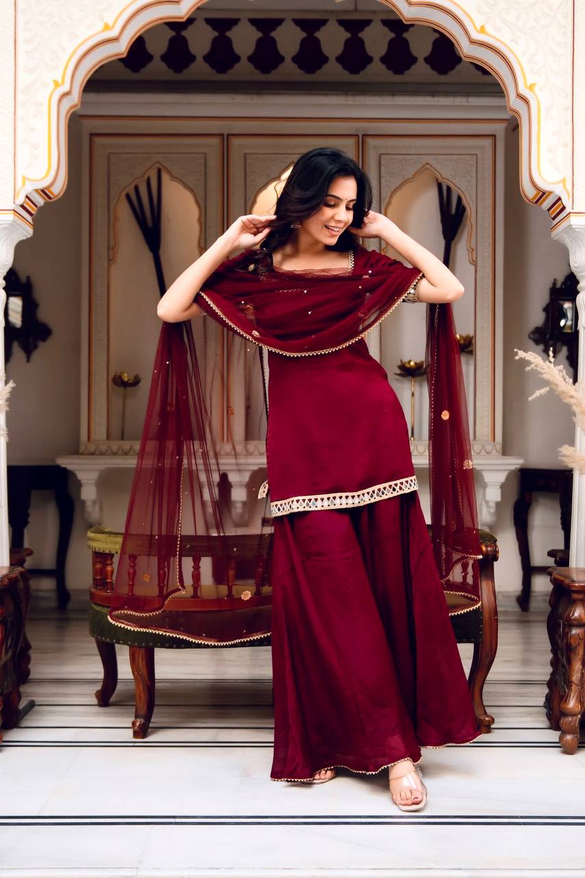 Maroon Faux Georgette Sharara Set with Mirror Work Dupatta