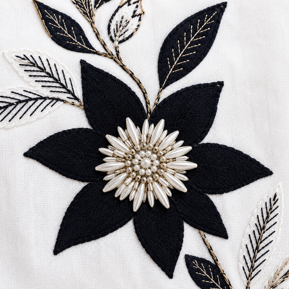 Women’s White Cotton Shirt with Black Floral Embroidery & Bids