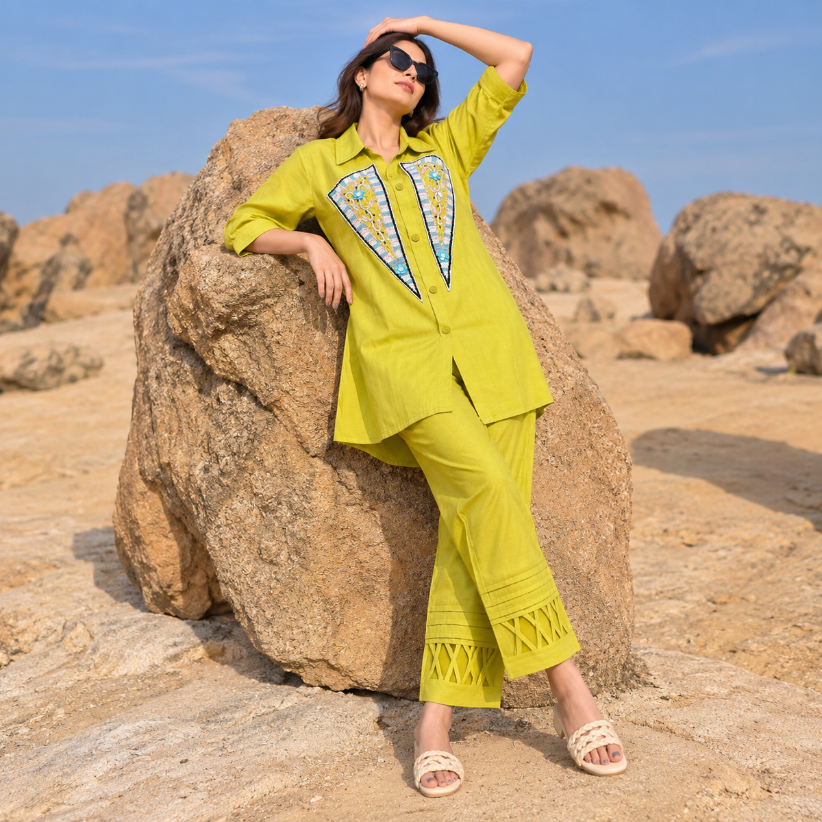 Women’s Lime Green Embroidered Cotton Co-Ord Set