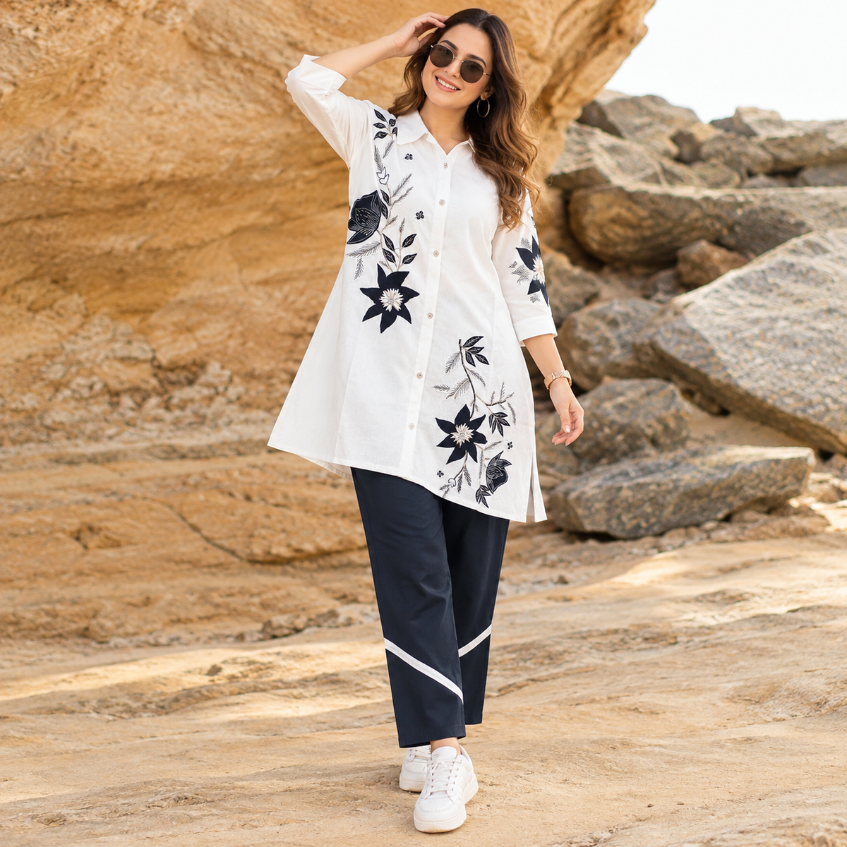 Women’s White Cotton Shirt with Black Floral Embroidery & Bids