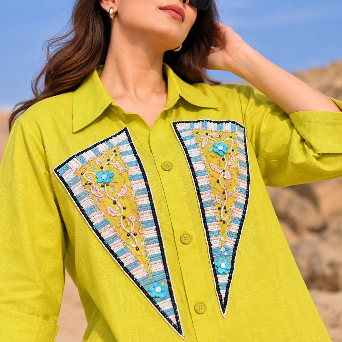 Women’s Lime Green Embroidered Cotton Co-Ord Set
